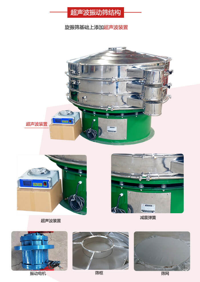 圓篩機(jī)內(nèi)部結(jié)構(gòu)：主要由振動(dòng)電機(jī)、篩框、篩網(wǎng)、超聲波系統(tǒng)、減震彈簧等展示圖