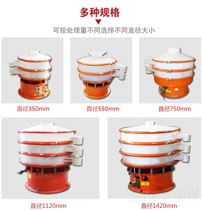 塑料振動篩不同篩分直徑進(jìn)行展示：350，550，750，1120，1420等。