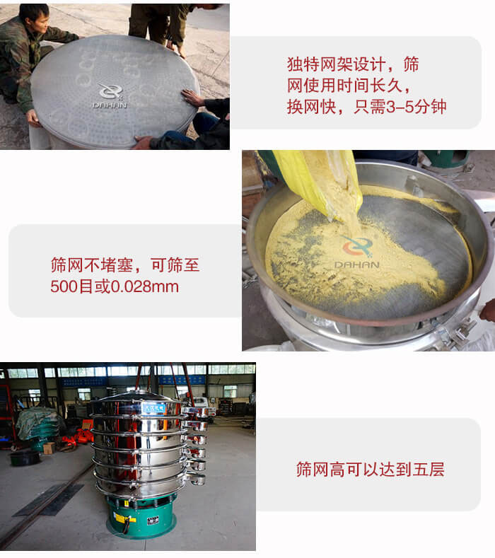 三次元振動篩的特點：篩網(wǎng)使用時間長換讓時間短，篩網(wǎng)不堵塞，可篩至500目或0.028mm。