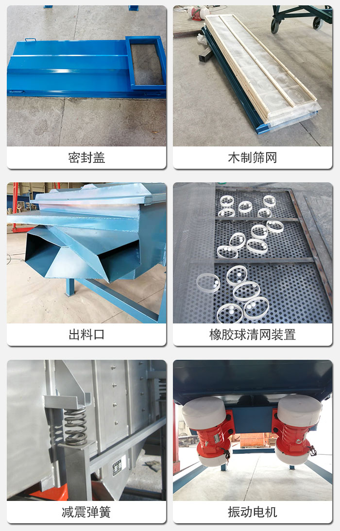 直線篩結(jié)構(gòu)展示：篩網(wǎng)，篩箱，振動電機(jī)，振動電機(jī)座，減震彈簧，支架等部件展示圖