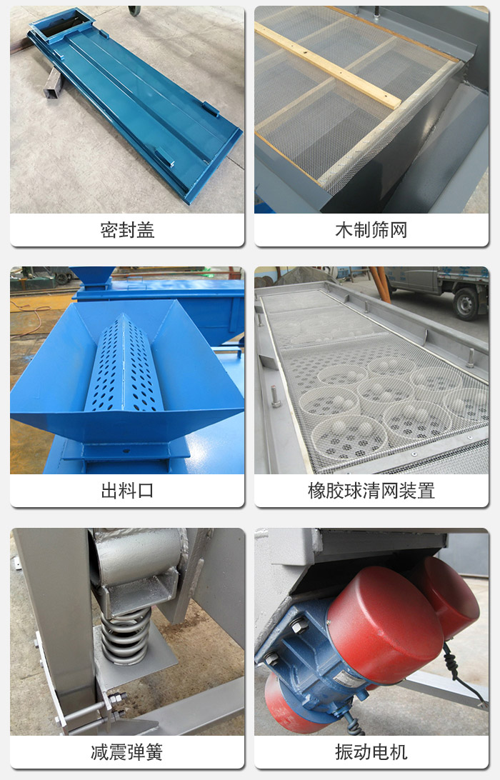 直線篩分機(jī)的結(jié)構(gòu)展示圖：篩箱是物料主要篩分設(shè)備之一，篩網(wǎng)用于篩分物料，振動(dòng)電機(jī)幫助篩網(wǎng)篩分。