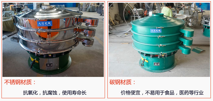 800型振動篩有不銹鋼和碳鋼兩種材質(zhì)，不銹鋼材質(zhì)：抗氧化，抗腐蝕，使用壽命長 碳鋼材質(zhì)：價格便宜，不易篩分食品，化工，醫(yī)藥等行業(yè)的物料。