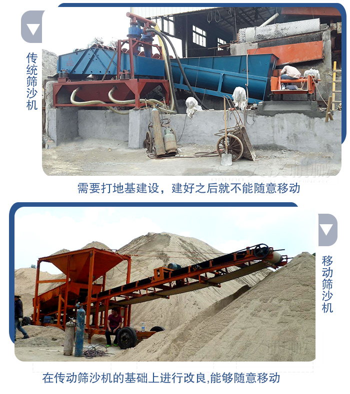 移動的篩沙機在安裝前需要打地基，而固定完畢后就不能隨意的移動，而移動篩沙機不需要打地并且隨時能夠進行移動。