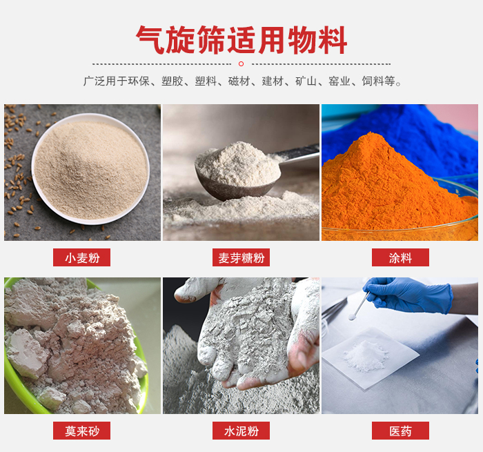 氣旋篩適用物料：小麥粉，麥芽糖粉，涂料，等粉狀物料。
