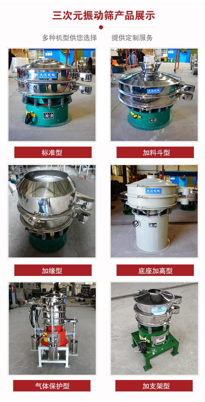 三次元振動篩不同結(jié)構(gòu)展示：標(biāo)準(zhǔn)型，加料斗型，加緣型，底座加高型，氣體保護(hù)型，加支架型。