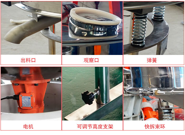 高頻篩細(xì)節(jié)展示：出料口，觀察口，彈簧，電機(jī)，可調(diào)節(jié)高度支架，快拆束環(huán)。